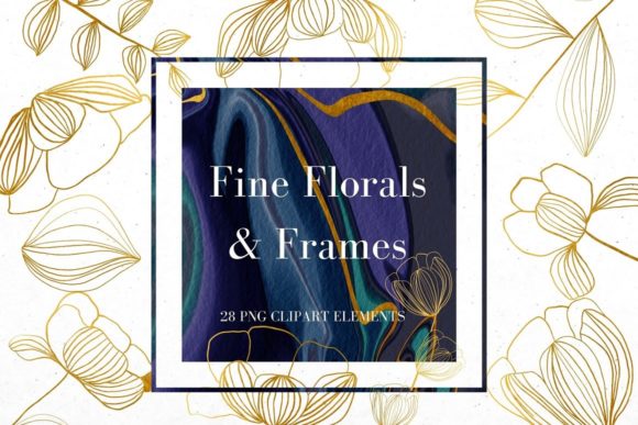 Gold Line Flowers and Blue Frames: A Versatile Clipart Set for Creative Projects